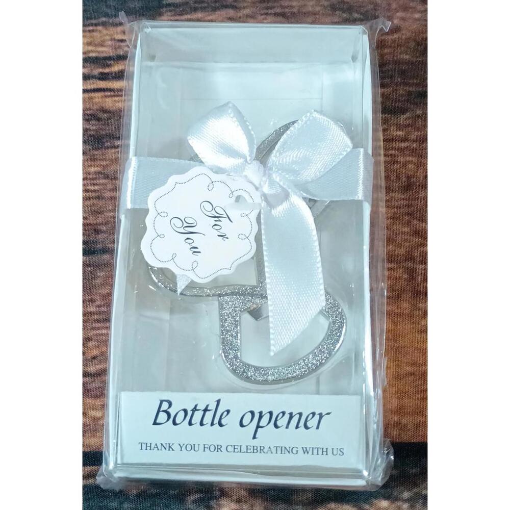 Elegant Silver Glitter Heart-Shaped Bottle‎ Opener with White Ribbon